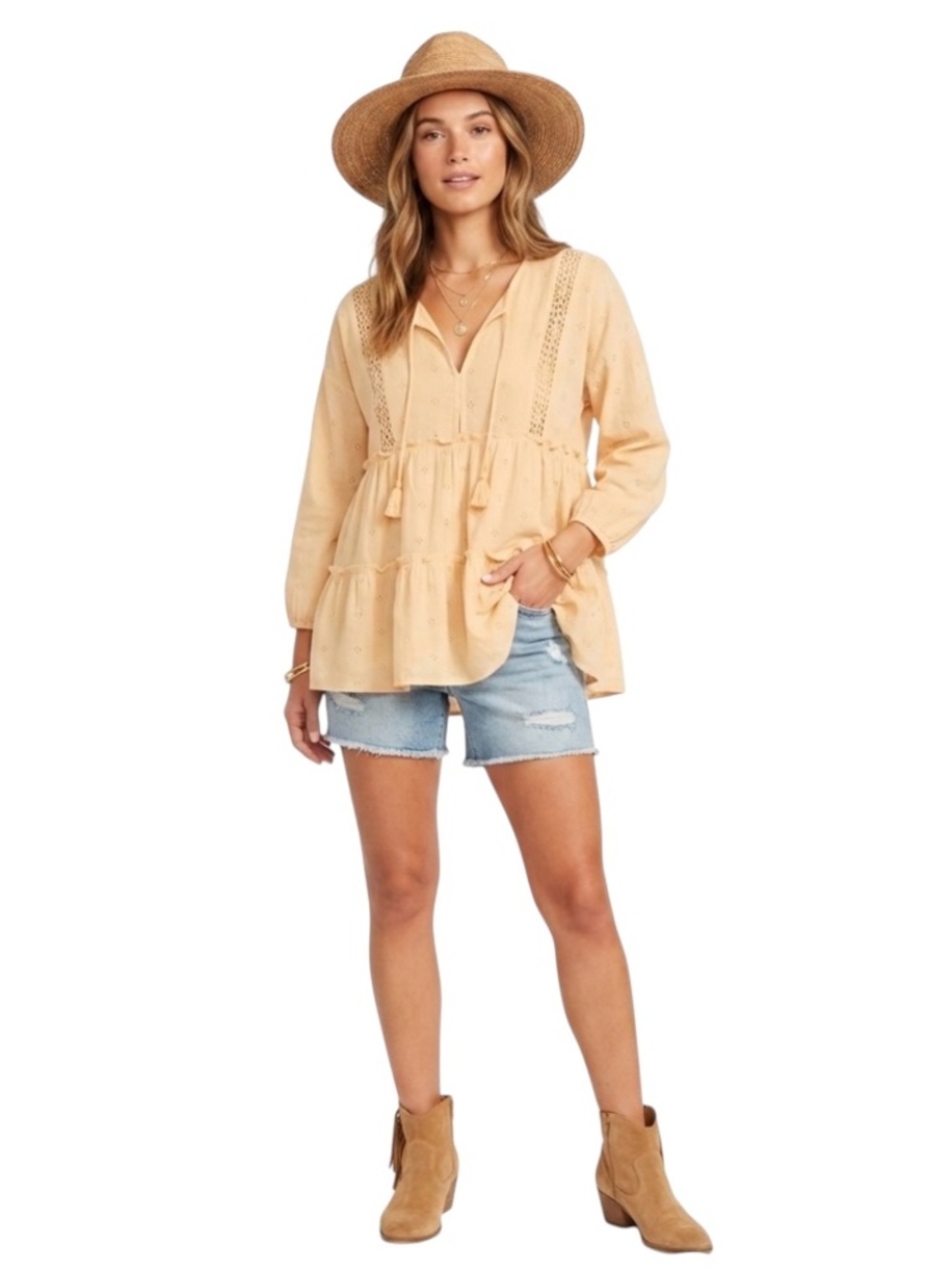 American Eagle Eyelet Tiered Blouse XS Yellow Cowgirl Boho Festival Feminine